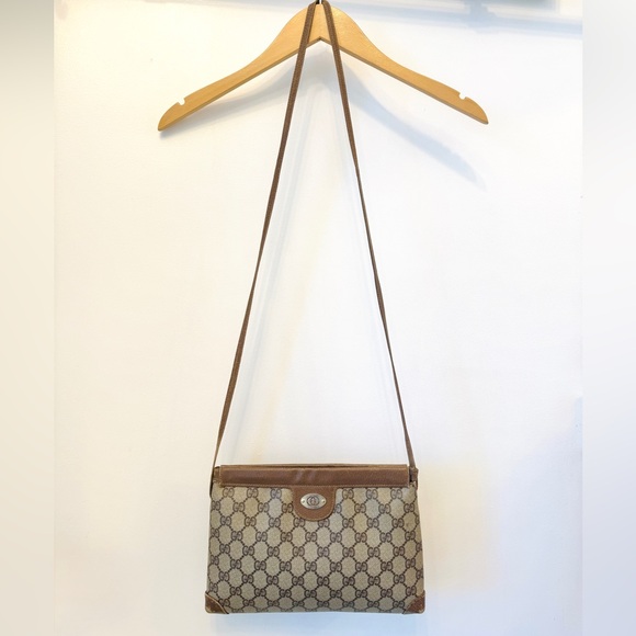 Gucci Vintage Crossbody Coated Canvas Shoulder Bag GG Monogram Leather Trim - Picture 8 of 17